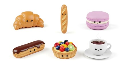 Fototapeta premium Bakery delights collection of cartoon pastries on white