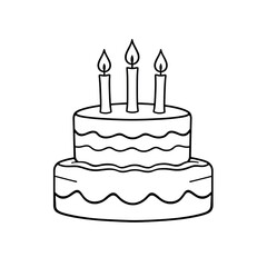 Simple black and white drawing of a two tier birthday cake with three candles