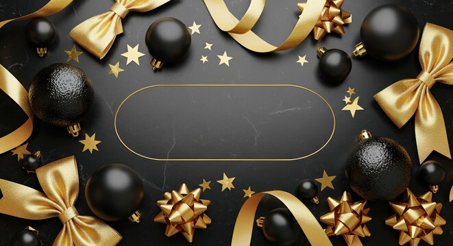 Christmas ornaments arranged artfully on dark background with gold accents. Christmas celebration design includes elegant bows and scattered confetti stars, providing a festive holiday design.