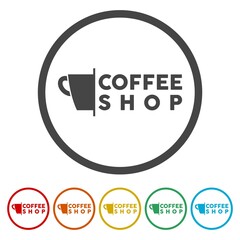 Coffee shop simple logo. Set icons in color circle buttons