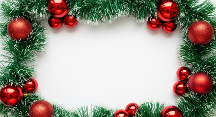 Christmas decorations with festive red ornaments and green garland frame white space. Decorate for Christmas season with shiny baubles creating border for promotional materials.