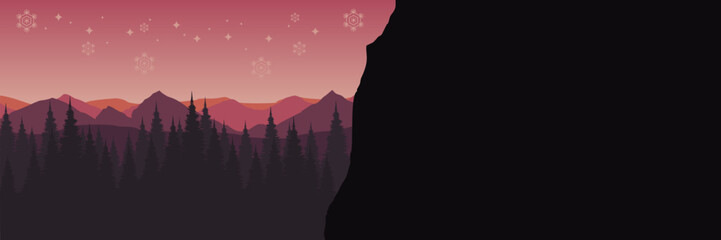 Abstract winter scenery with a vast snow covered field and layered mountains in flat design.