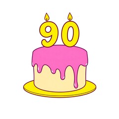 Birthday cake with number 90 candles and pink frosting