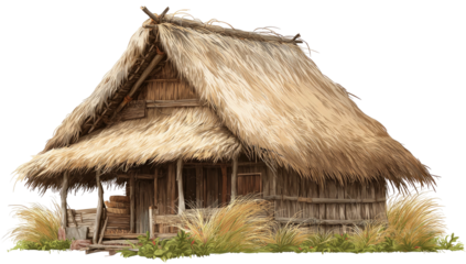 Rustic hut with thatched roof and wooden walls