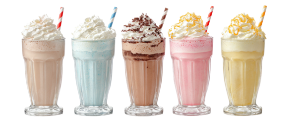 Five colorful milkshakes topped with whipped cream and straws (1)