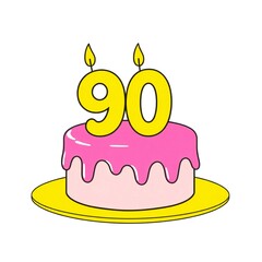 Birthday cake with number 90 candles and pink frosting