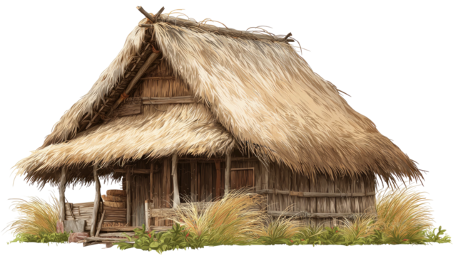 Rustic hut with thatched roof and wooden walls