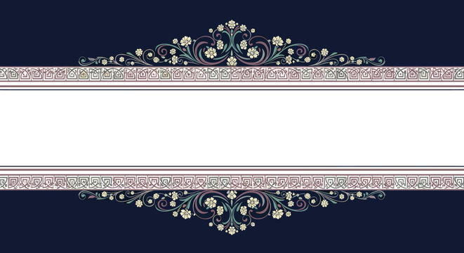Luxurious vintage-style banner with intricate floral and geometric borders in elegant colors on a dark blue background.