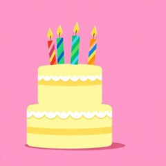 Two tier yellow birthday cake with colorful candles on pink background