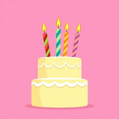 Two tier yellow birthday cake with four colorful candles on pink background