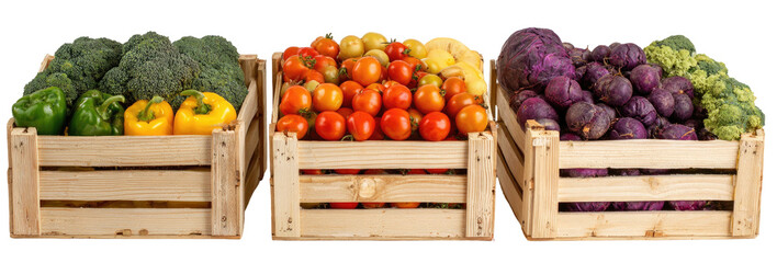 Three wooden crates filled with fresh vegetables and fruits (1)