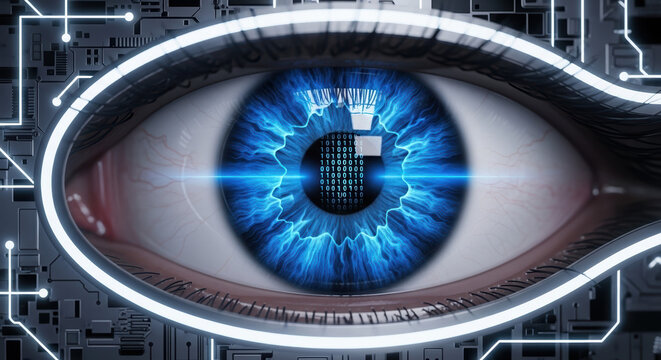 Data privacy concept showing an eye integrated with circuitry. Data privacy and digital security are crucial in today's world of online transactions.