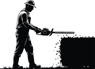 Obraz premium Silhouette of professional gardener trimming hedge with electric trimmer, outdoor landscaping maintenance worker shaping bushes, agriculture and garden care illustration