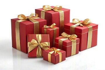 Red gift boxes with golden ribbons and bows for festive occasions.