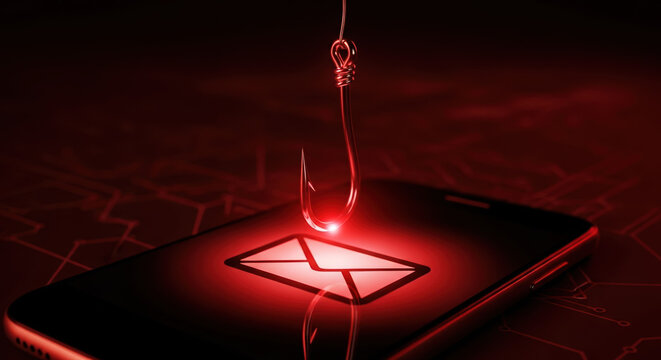 Data privacy threatened by phishing, phone overlaid with hook. Emphasizing data privacy and the concept of digital security with vivid colors. This image of data privacy warns of online threats,