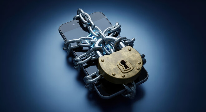 Data privacy concept with smartphone wrapped in chains and secured by padlock. Emphasizing data privacy, chained smartphone suggests security measures, protecting against unauthorized access,