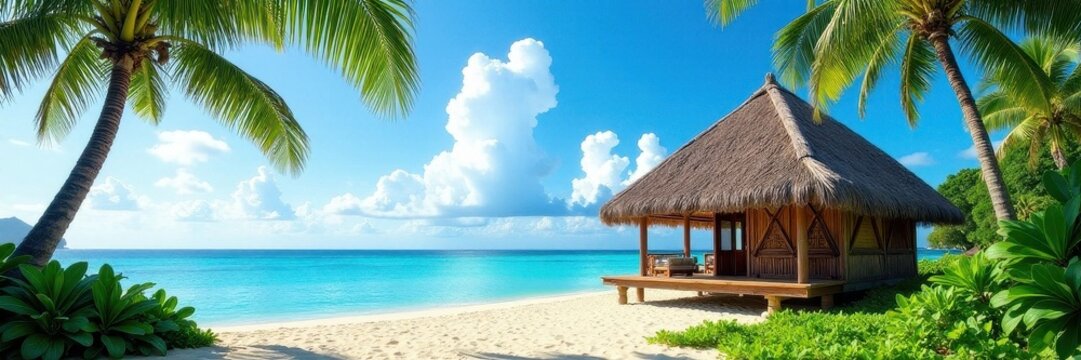 Traditional Fijian thatched hut, palm trees, blue sky, blue, ocean, landscape