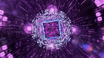 Glowing cyber cube floats amid neon purple swirls, streaming code, and bright blue beams in view now - Powered by Adobe