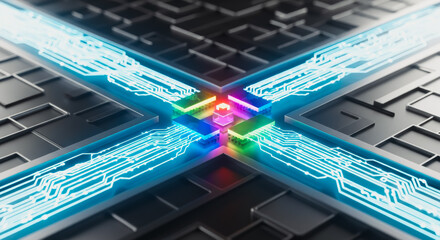 An abstract digital rendering that shows futuristic technology in action. The luminous light trails crisscross, creating a visual display of data flowing seamlessly.