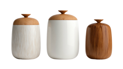 Three ceramic canisters with wood lids on black background