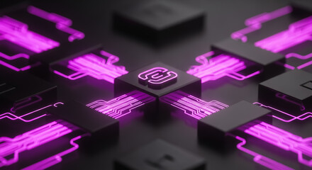 A close-up shot of a sophisticated computer chip with vibrant neon-like electrical pathways, highlighting innovation and technological advancement.