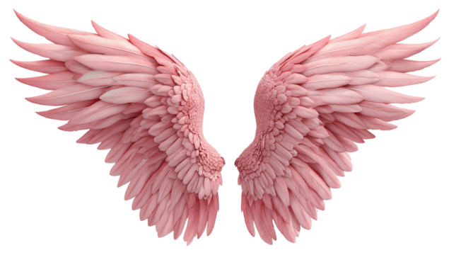 Soft pink feathered wings spread against a dark background
