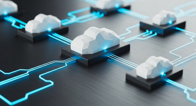 Modern cloud computing arrangement illustrating interconnected data transfer and server connection, representing technological advancement.