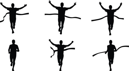 Silhouette of runners crossing finish line with victory pose, marathon race concept, athletic success, fitness motivation and sports achievement