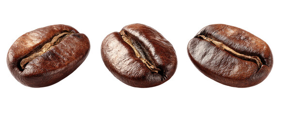 Three roasted coffee beans, detailed close-up, isolated on black
