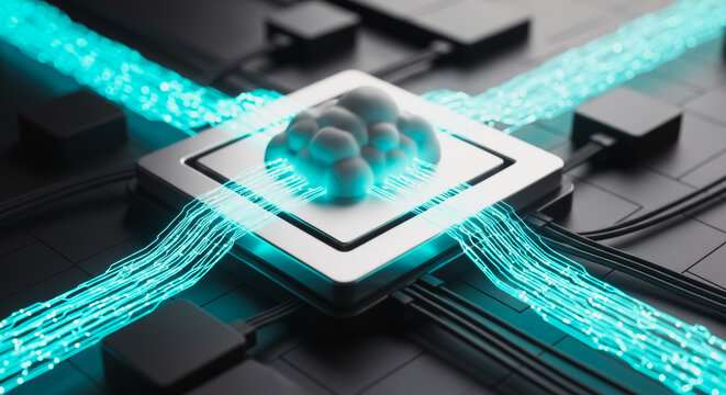 A technological marvel, visualizing the essence of cloud computing and network connections, using neon streams of light that highlight the power of digital communication and cutting-edge progress.