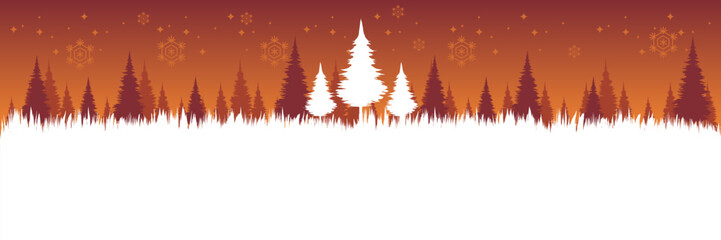 Warm Christmas vector background with a red and orange forest silhouette and falling snowflakes.