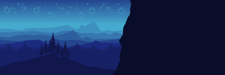 Wide screen Christmas banner template featuring a minimalist snowy field and small pine trees.