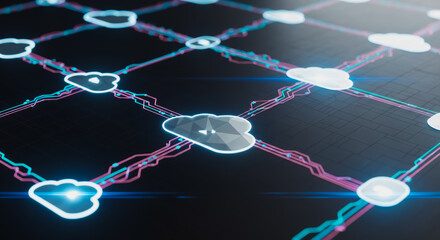 A digital network of interconnected cloud-shaped icons pulses with a radiant energy against a dark backdrop, symbolizing the modern interconnected world.