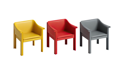 Three armchairs in yellow, red, and gray on a black background