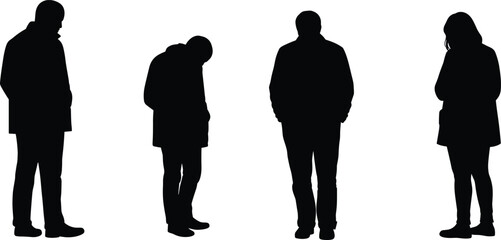 Silhouette of sad people standing alone, depressed posture, loneliness, stress, emotional pain, mental health struggle, grief, anxiety, solitude, and despair.