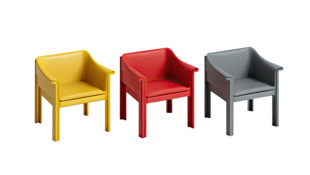 Three armchairs in yellow, red, and gray on a black background
