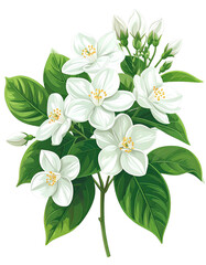 Fototapeta premium White jasmine flowers, green leaves, on a black background