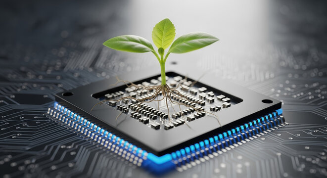 Environmental sustainability concept: environmental sustainability shown with seedling on computer chip to highlight green technology. Environmental sustainability,