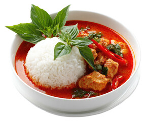 A vibrant red curry with chicken, rice, and fresh basil leaves
