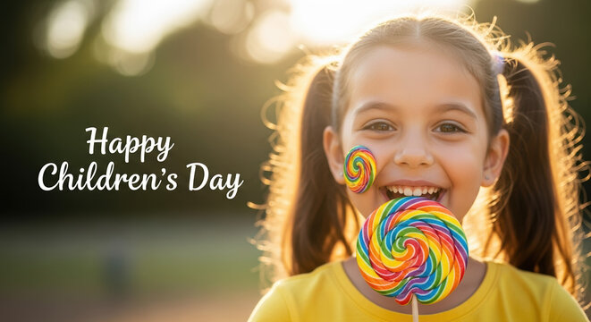 Children's Day portrait featuring cheerful girl with lollipop. Children's Day celebration with smiling kid and candy. Sweetness of youth, happy moments on Children's Day, ideal for event promotion.