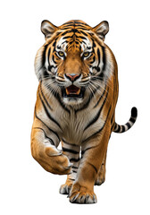 Obraz premium Majestic bengal tiger walking towards camera png image, wildlife predator, feline animal, isolated on transparent background