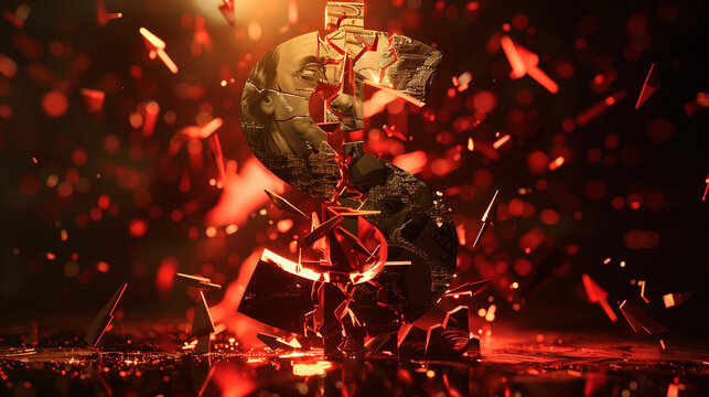 Shattering Golden US Dollar Sign 3D Render Symbolizing Economic Collapse and Financial Crisis