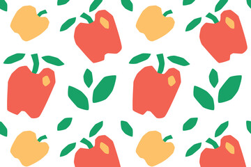 Vector illustration with flat cartoon seamless pattern of apples and leaves in naive broken line style, simple rustic fruit design for textiles, wrapping, kitchen decor, fresh natural pattern