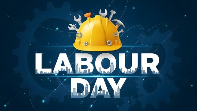 Labour day celebration with hard hat and tools on blue background