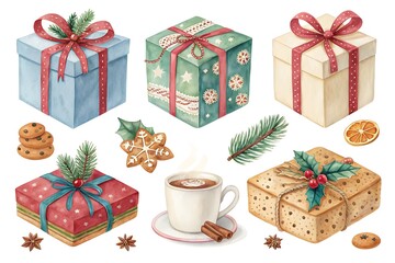 Watercolor christmas holiday gifts and treats collection on white