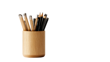 Wooden cup filled with pencils and colored pencils against a black background