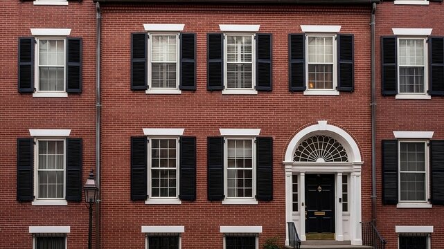 Charming red brick townhouse facade with classic black shutters and elegant doorway, perfect for real estate marketing, historic preservation projects, and architectural design inspiration - Powered by Adobe