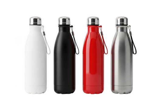 Reusable water bottles in white, black, red, and silver colors, stainless steel drink containers for hydration, fitness, and travel, isolated on transparent background