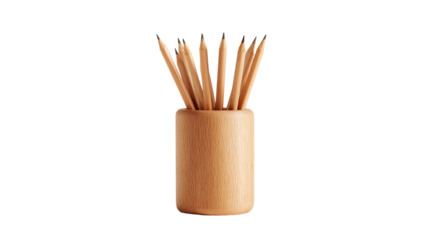 A wooden cup filled with sharpened wooden pencils against a black background