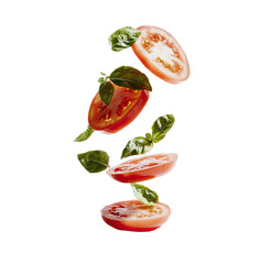 Sliced tomatoes and fresh basil leaves floating in air
